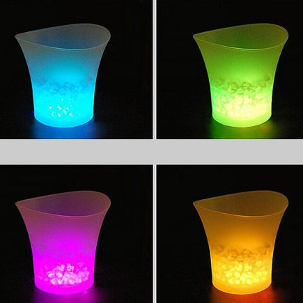 Four LED cups in blue, green, pink, and orange on a black background.